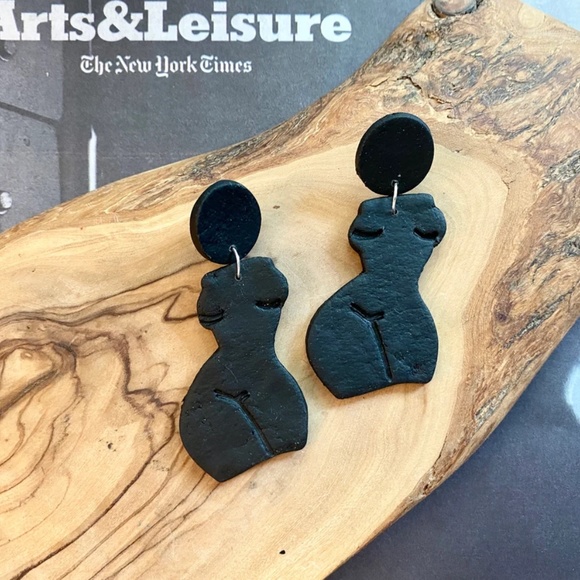 Handmade Clay Earrings | Forms of a Woman Silhouette | Black Leather Texture - Picture 5 of 11